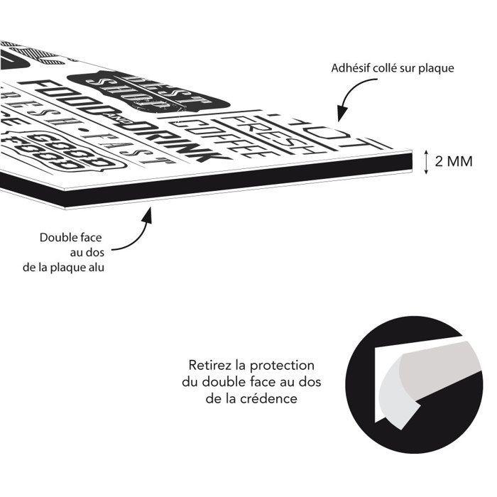 Crédence Coffee Café en aluminium adhesive autocollante - 60 cm x 70 cm - Noir et blanc - Face arrière autocollante - Fond de hotte