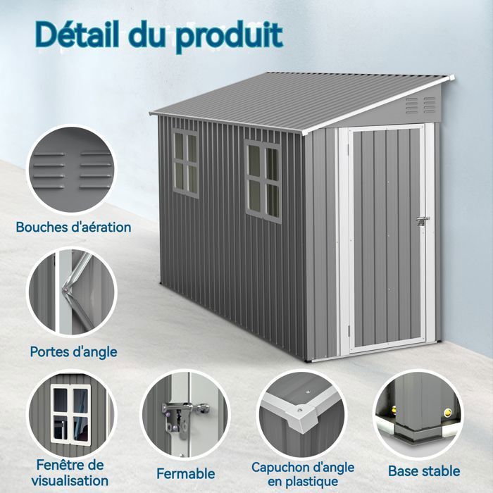 Caseta de jardín metálica robusta WELLTIN de 2,91 x 1,08 m con suelo, cobertizo adosado, puerta reversible y 2 ventanas.