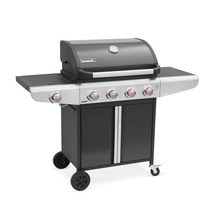 Gas barbecue - Bazin Grey anthracite - Outdoor kitchen with 5 burners including 1 side burner with shelves and thermometer.
