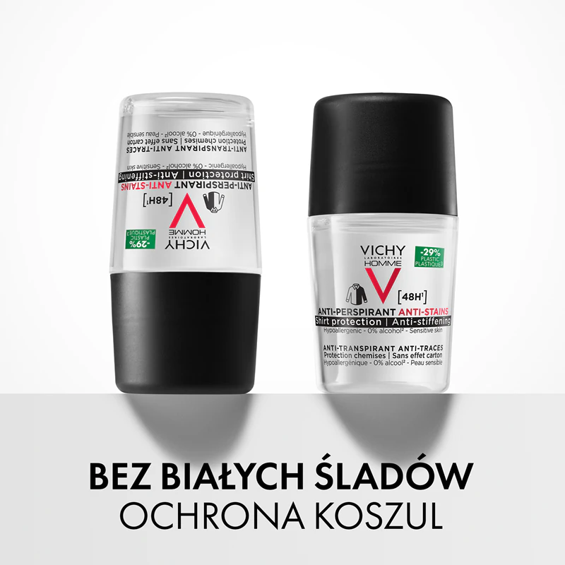 Desodorante antitranspirante Vichy Homme contra manchas brancas e amarelas por 48 horas.