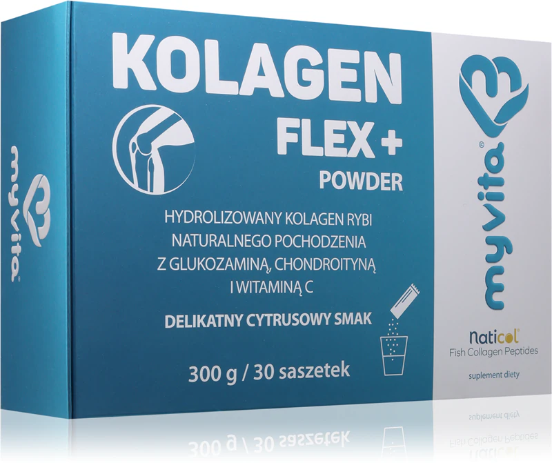 Suplemento alimentar MyVita Kolagen Flex+: colágeno hidrolisado para articulações, ligamentos e pele.