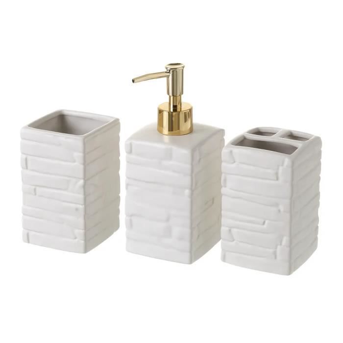 Ensemble d'accessoires salle de bain 3 pièces, set salle de bain avec distributeur de savon en céramique coloris blanc-doré-JUANIO
