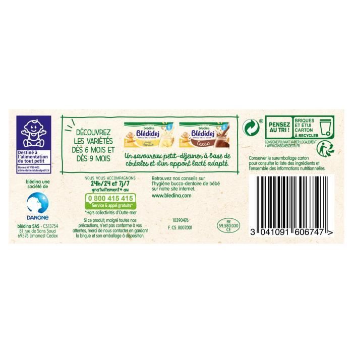 Blédina Blédidej, Céréales bébé Lactées dès 6 Mois, 250ml (4 briques)