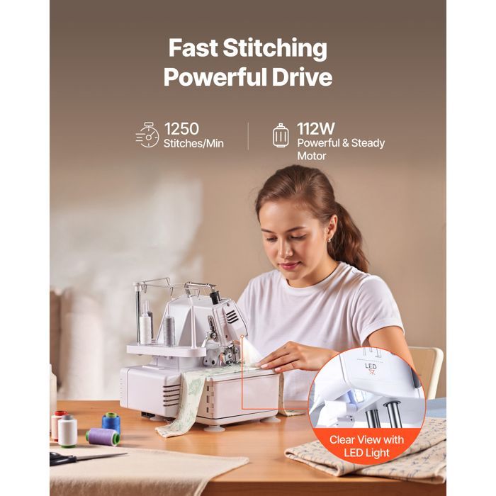 Duoku Overlock-maskin 1250 sting/min - 3- og 4-tråds symaskin - egnet for forskjellige stoffer, med LED-belysning - hvit