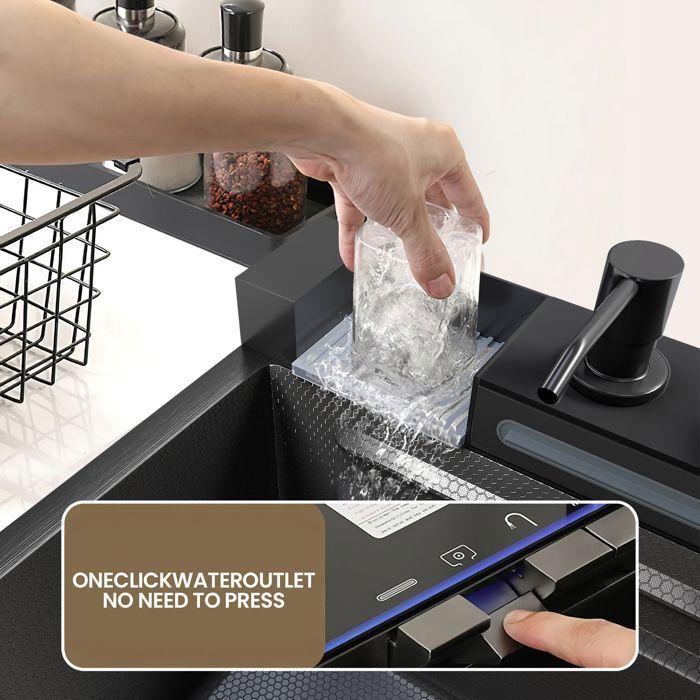 Évier de cuisine multifonction 75 x 45 cm, avec robinet rotatif, lavage de tasse, distributeur de savon, bec cascade, affichage LED