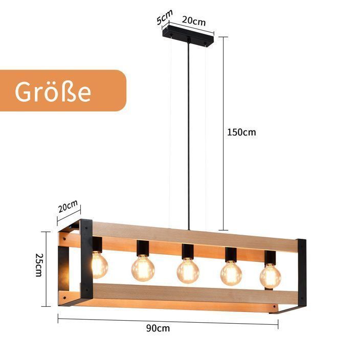 Suspension - NETTLIFE - 5 Flammes - Noir - E27 - Bois/Metal - Scandinave Moderne