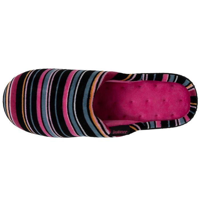 Pantuflas ergonómicas Isotoner para mujer con suela cómoda y diseño de terciopelo a rayas.