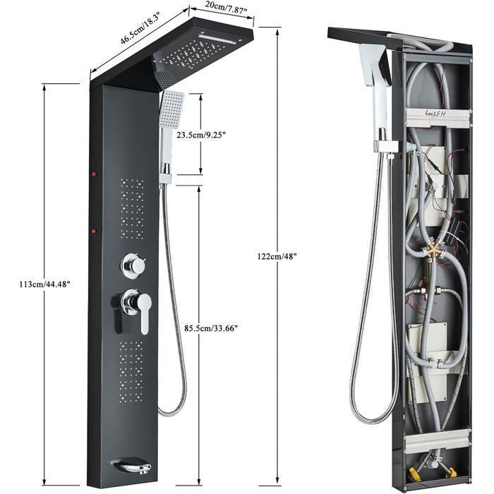 Coluna de Chuveiro com Hidromassagem em LED Preto, 4 Funções: Chuveiro de Teto com LED, 2 Jatos de Massagem