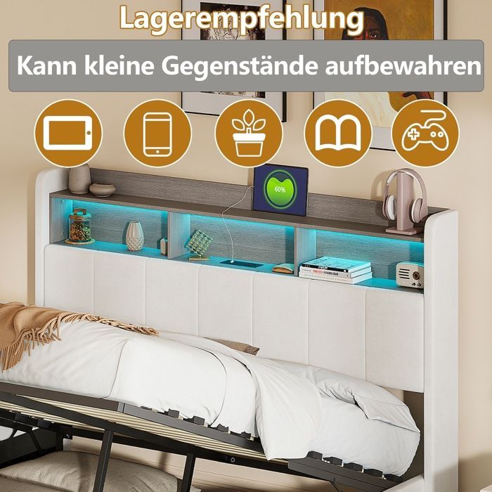 Letto matrimoniale contenitore 160 x 200 cm, rete a doghe, struttura letto, LED regolabile, ricarica USB, bianco, velluto