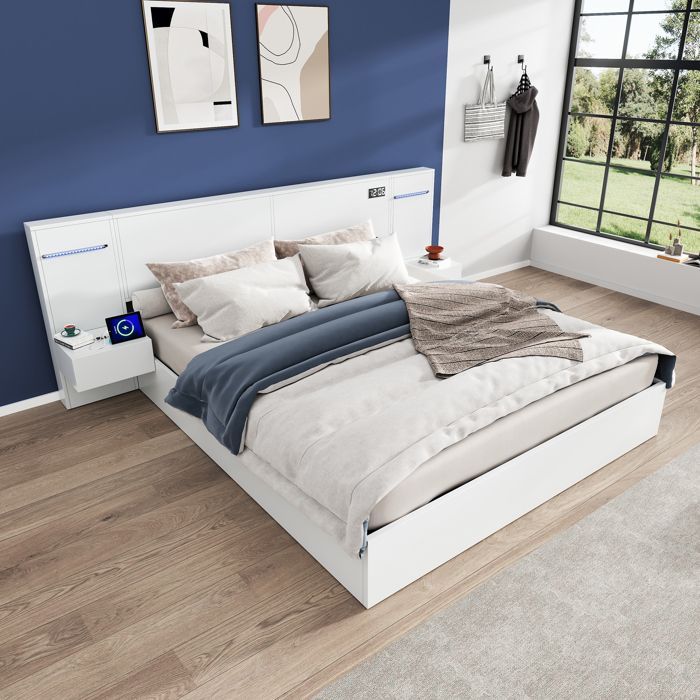 Cama doble de 180x200 cm - Cama para adultos con reloj electrónico y puerto USB, tira de LED, colchón no incluido, MDF, blanca
