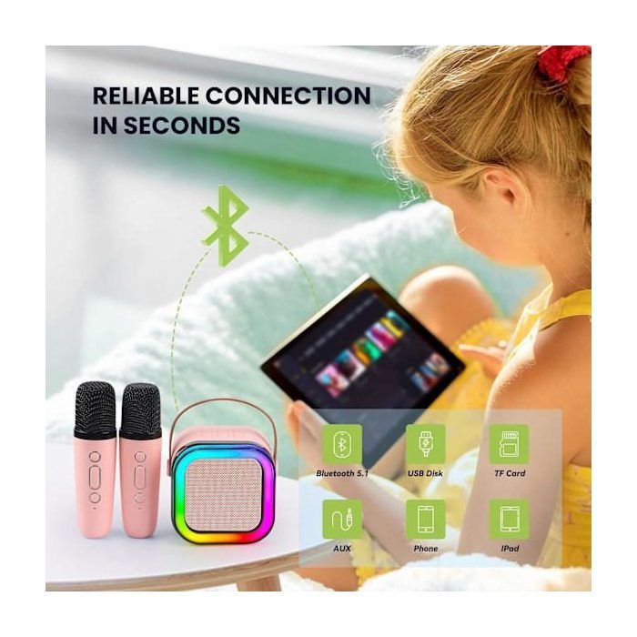 Mini portable karaoke with Bluetooth speaker and 2 wireless microphones, ideal gift for birthday parties.