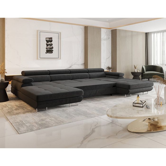 Ayden - Divano letto panoramico a forma di U a 7 posti con contenitore e poggiatesta regolabili in tessuto - Grigio
