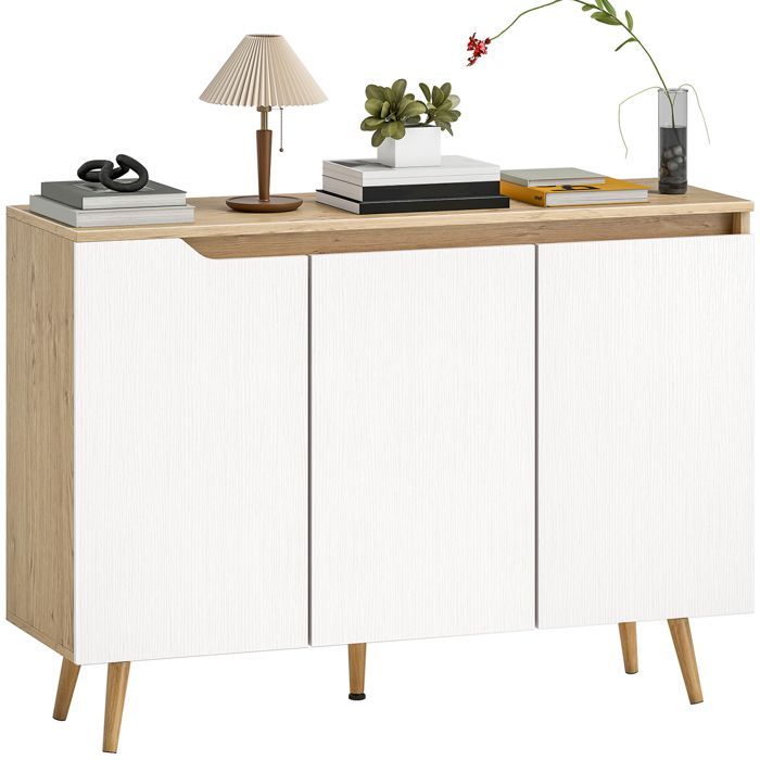Aparador de cocina - HOMCOM - 3 puertas, estantes ajustables - aglomerado y madera de caucho - 107x35x76,5cm - blanco y roble