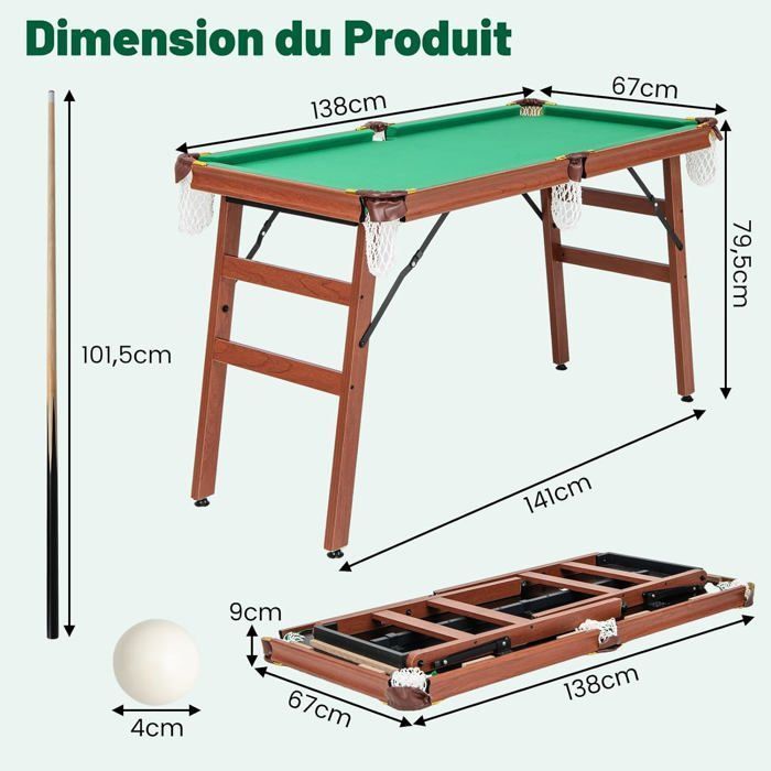 Mesa de billar americana plegable COSTWAY de 138 cm - Accesorios (2 tacos, 16 bolas, triángulo, 2 tizas, cepillo) - Patas ajustables