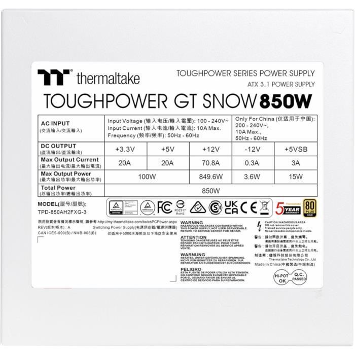 THERMALTAKE - Toughpower GT Snow - PC-Netzteil - 850 W - 80+ Gold - ATX 3.1 - Vollmodular - PCI-E 5.1 12VHPWR