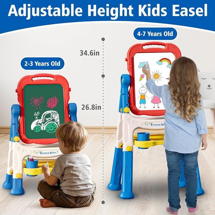 Caballete de pintura infantil, lienzo infantil de doble cara, patas ajustables, lienzo magnético para niños y niñas.