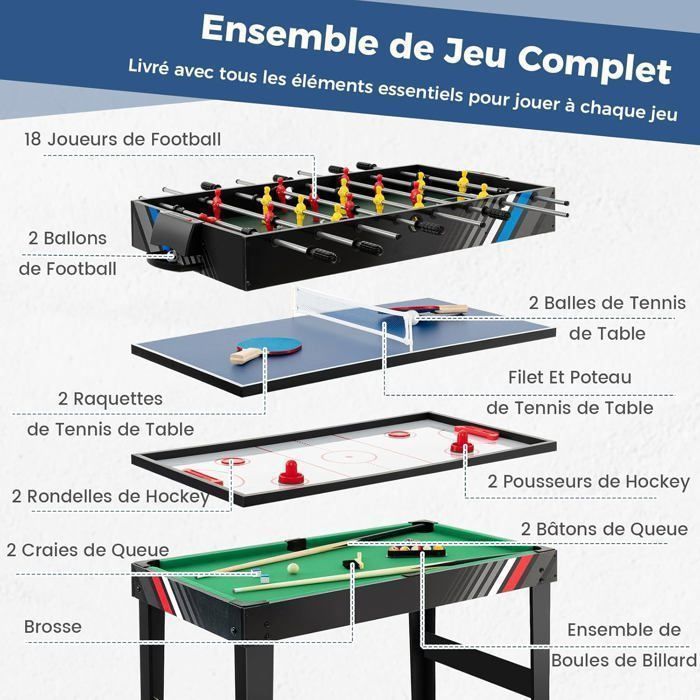 COSTWAY 4-in-1 Multigame Tafel - Kindertafelvoetbal, Pingpong, Biljart, Airhockey - 125x97x83 cm - Hout - Complete accessoires - Leeftijd 3+ - Zwart