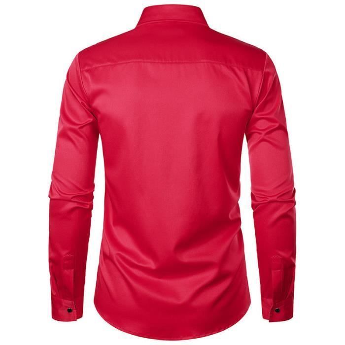 Camicia elegante da uomo, maniche lunghe, vestibilità slim, colletto quadrato a pois a contrasto, comoda - Taglia UE - Rossa
