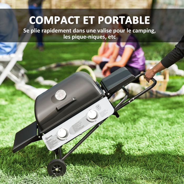 Barbecue a gas portatile - Outsunny - pieghevole - 2 bruciatori 5,6 kW - con ripiani laterali, termometro, coperchio, ruote - nero