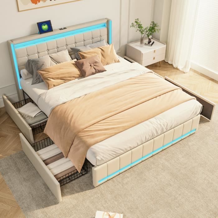Cama de 140x190 cm con almacenamiento - PERGAR - Tapizada - Iluminación LED regulable - 4 cajones - Respaldo acolchado