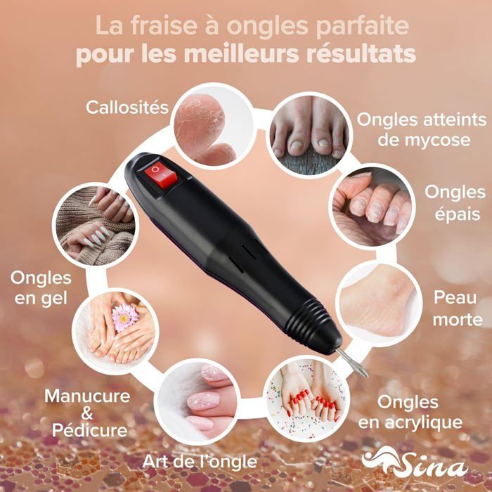 SINA Fraises à ongles électriques | ponceuse à ongles electrique | Lime à Ongles électrique | 100 manchons abrasifs | 20 000 tr/min