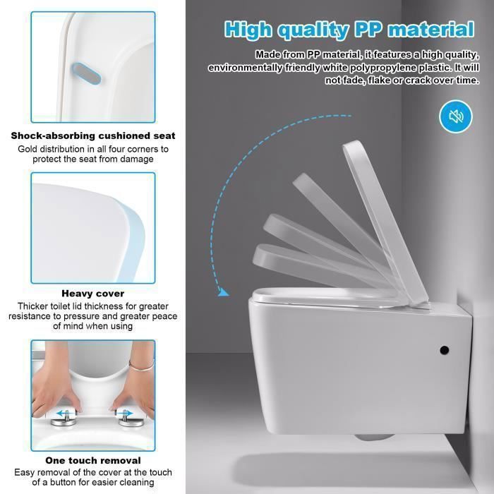 Asiento de inodoro con cierre suave, asiento de inodoro cuadrado, taza de inodoro universal con cierre suave, instalación