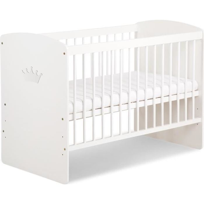 Kmbaby Baby Cot 120x60 cm Crown White - With Mattress and 3-Level Adjustable Slatted Base - Lacquered Pine Wood and MDF