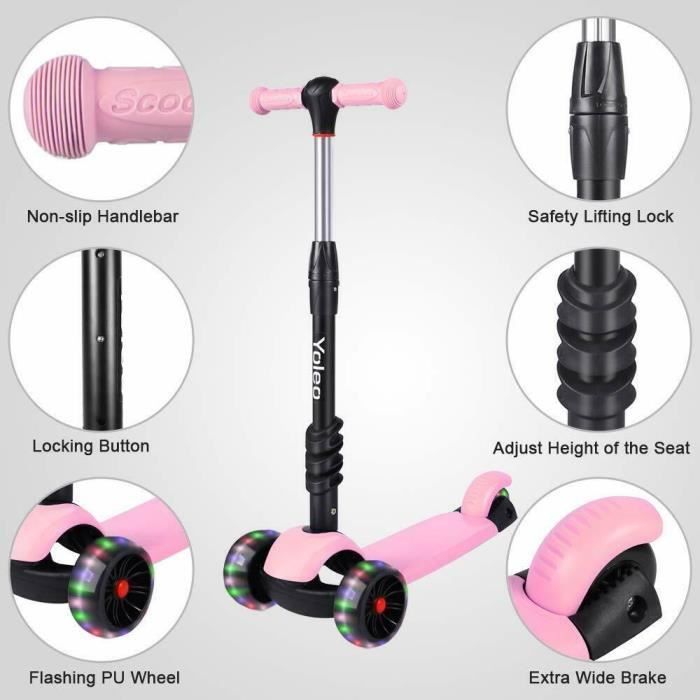 Trottinette Enfants 3 Roues YOLEO avec Siège Réglable et Roues à LED - Rose
