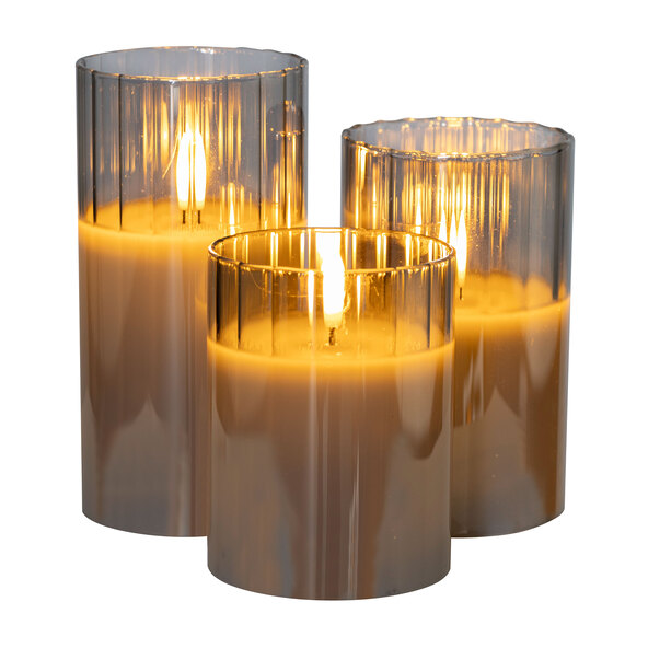 LED glazen kaars, rond geribbeld, grijs, set van 3