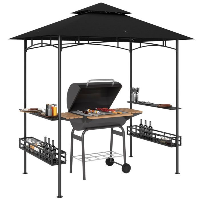 Tonnelle de barbecue - Outsunny - crochet au plafond - étagères et paniers - métal galvanisé 240 x 150 x 257 cm - gris foncé