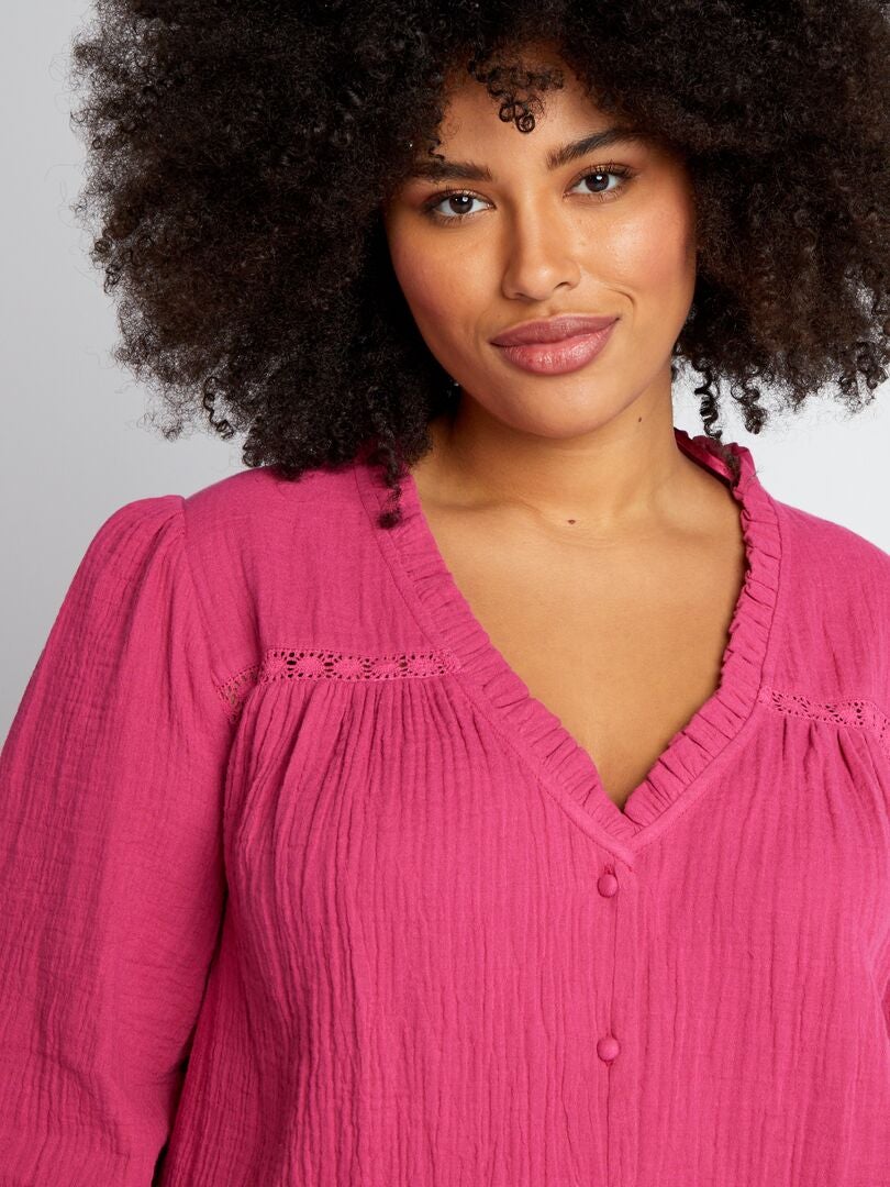 Blouse van katoenen gaas met rucheskraag - ROZE