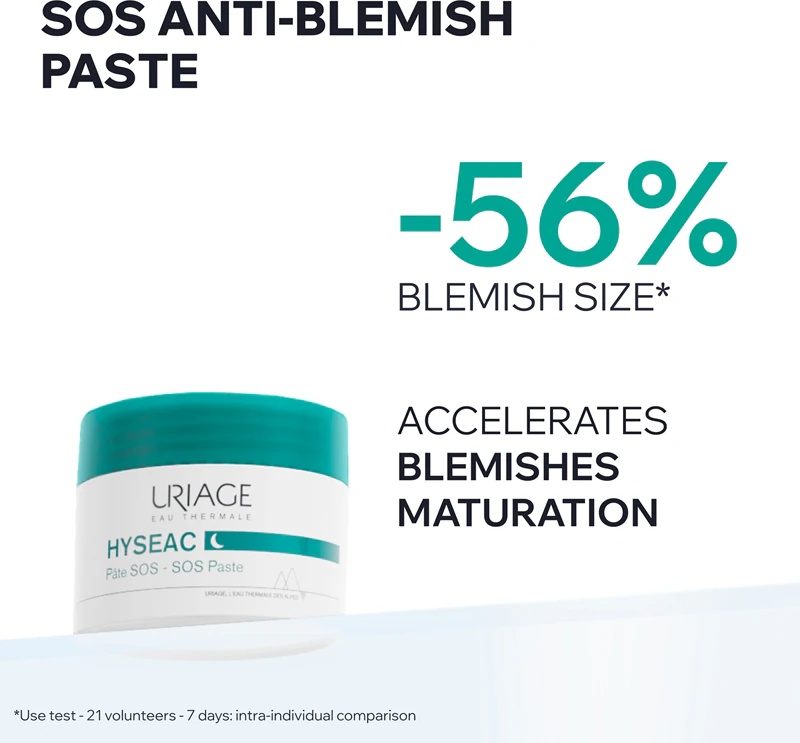 Uriage Hyseac SOS pasta naktinei spuogų gydymo pastai, skirta spuogams linkusiai odai.