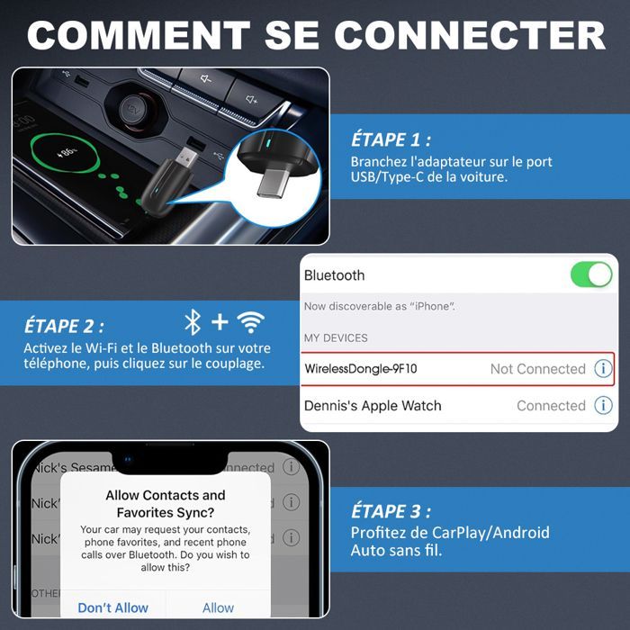 Adaptador inalámbrico CarPlay para Apple CarPlay y Android Auto: dongle Bluetooth 2 en 1 para convertir de cableado a inalámbrico.