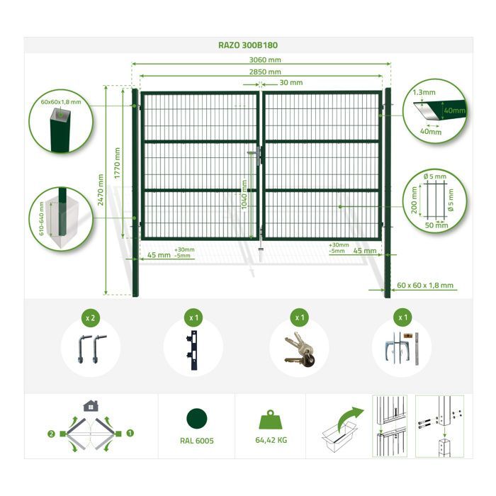 Puerta batiente de malla - Casanoov - RAZO - 3 m de altura (180 cm) - Verde - Acero