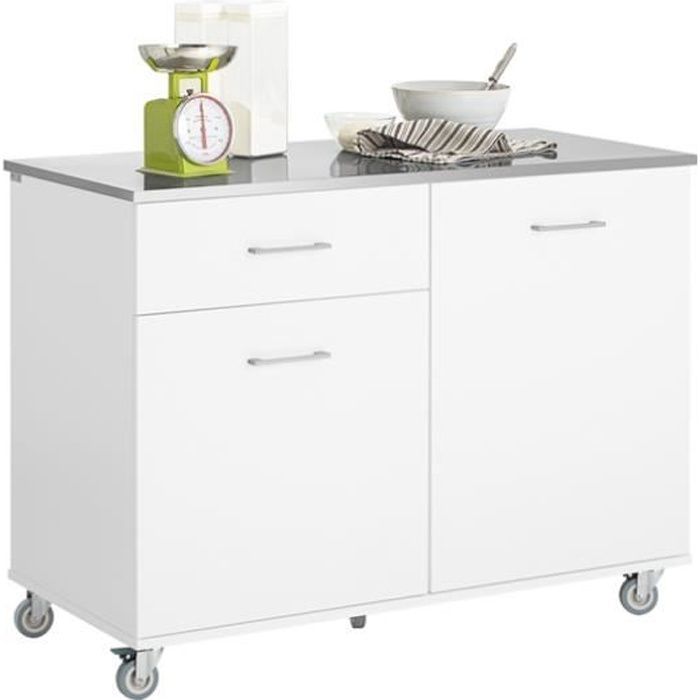 SoBuy FKW117-W Desserte de Cuisine sur Roulettes avec Plan de Travail, Tiroir et 2 Portes, Blanc, 120x56x90 cm