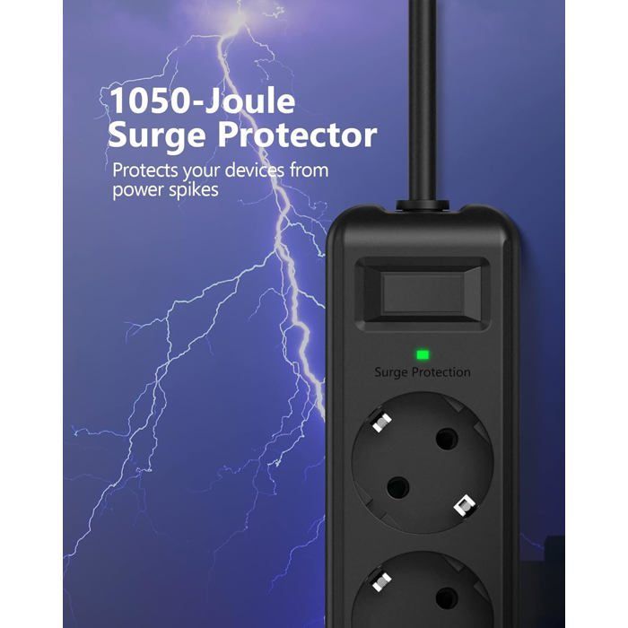 Regleta protectora contra sobretensiones con 5 tomas USB, 3 puertos USB y cargador de viaje (5V 2.4A/12W) - Regleta protectora contra sobretensiones