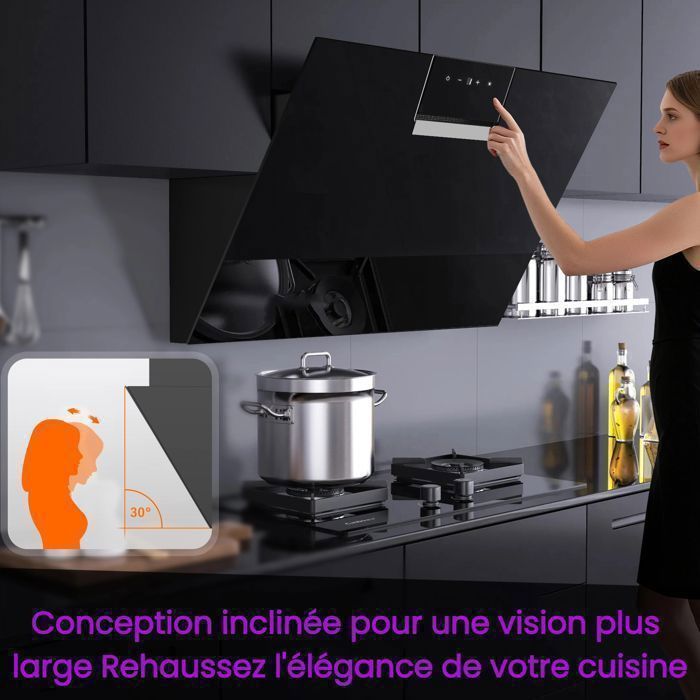 60cm Cooker Hood - Angled Kitchen Hood - 800 m³/h - 2 Carbon Filters - Recirculation & Extraction - Black