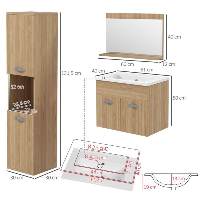 Ensemble de Meubles de Salle de Bain - kleankin - 4 Pièces - Mural - Miroir, Meuble sous Vasque, Lavabo et Armoire Haute - Naturel