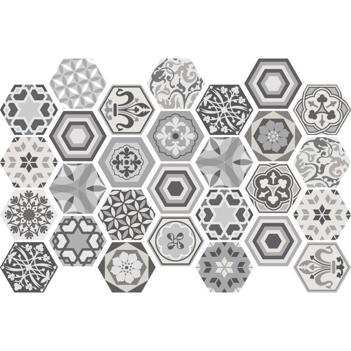 Sticker Mural Carrelage adhésif Cuisine Salle de Bain - CARRELAGES HEXAGONES NUANCES DE GRIS MOSAÏQUE - 28stickershexagones10x9cm