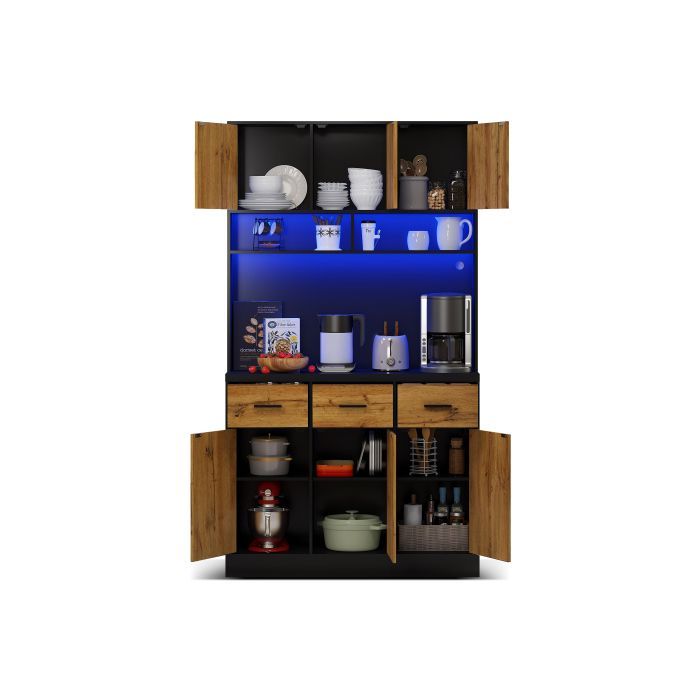 Zwart keukendressoir met ledverlichting, houten eetkamerkast - Moderne stijl - B 100 x D 40 x H 180 cm