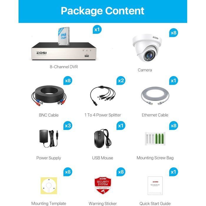 ZOSI 1080P 8CH Wired Surveillance Camera 500GB 8 Indoor/Outdoor Dome Security Cameras with Person/Vehicle Detection