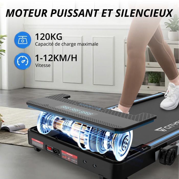 Tapis de Course Pliable et Inclinable à 7.7%,1400W,CITYSPORTS WP3,1-12km/h.Noir avec bleu.APP.Bluetooth
