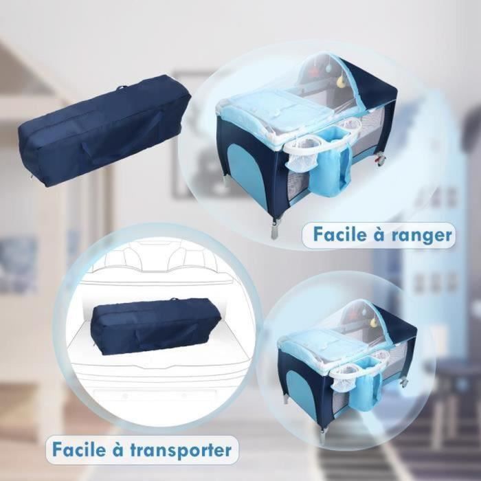 Cuna de viaje COSTWAY con colchón, azul, 120 x 60 x 76 cm, 2 niveles, mosquitera + 3 juguetes + caja de música