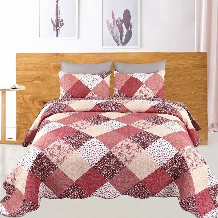 Kaksipuolinen monivärinen tilkkutäkkipäiväpeitto, pinkki, 240x260 cm, kahdelle hengelle, tikattu.