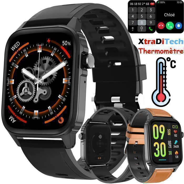 XtraDiTech Smartwatch for Women and Men, Thermometer, Sports Monitor, Heart Rate Monitor, Lightweight, Slim, IPS 1.83, Brown Faux Leather and Black Silicone Straps