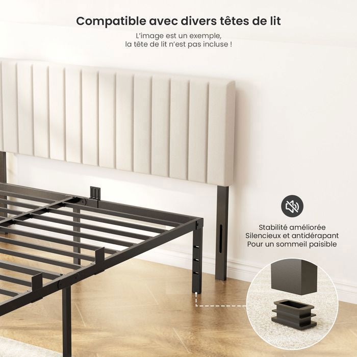 Estructura de cama para adultos - AURALUM MAX - 140x190cm - 9 patas - 14 listones metálicos - Capacidad de carga: 480kg