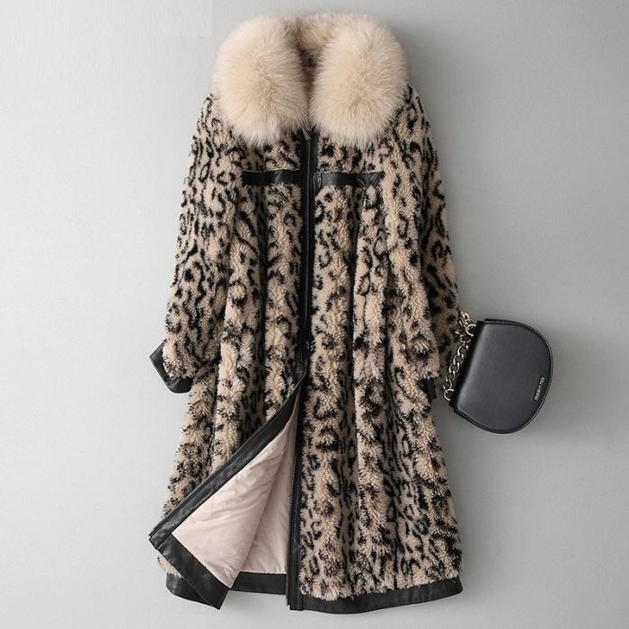 2019 Høst Vinterjakke Dame Revepelskrage Leopard Lange Kåper Ekte Sau Shearling Pels 100% Ullkåpe Damejakke A256