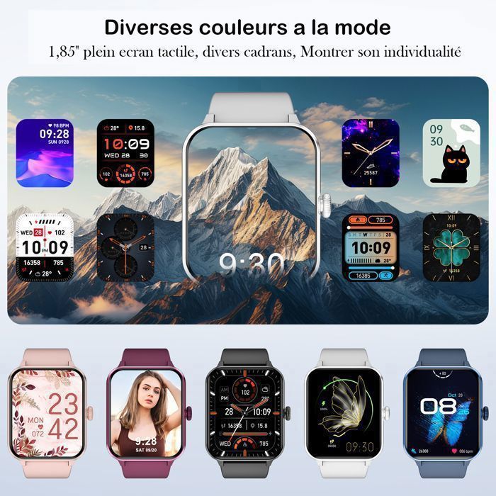 Montre Connectée Femme Homme avec Appel , Fonction Féminine, Tracker d'activité, Fréquence Cardiaque, 100+Cadrans,2 Bracelets Gris