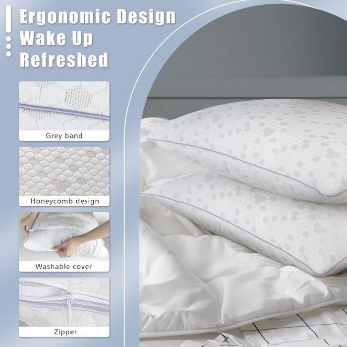 Almohada de espuma viscoelástica de 50x70 cm, juego de 2 almohadas cervicales ergonómicas de espuma viscoelástica para el dolor de cuello.