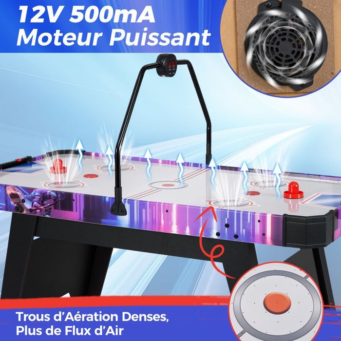 COSTWAY Airhockeytafel, 12V-motor, luchtkussen, LED-digitale scoreweergave, dispensers, 2 puckwerpers, speeloppervlak 133x65 cm